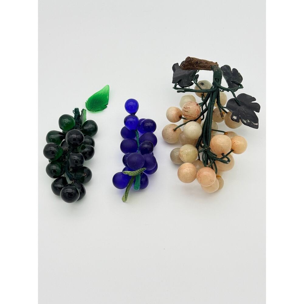 Vintage Chinese Carved Stone Grape Clusters Lot 3 White Purple Green Decor